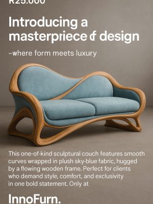 Sculptural Sky-Blue Couch with Flowing Wooden Frame