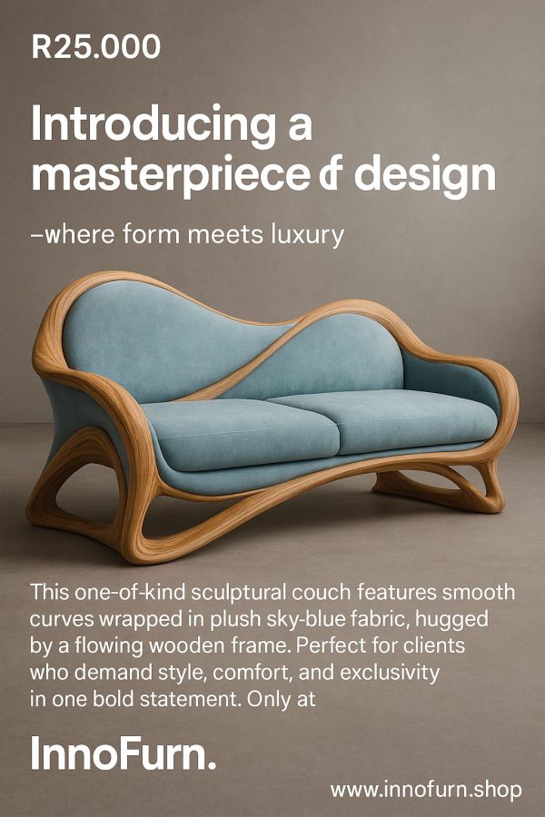 Sculptural Sky-Blue Couch with Flowing Wooden Frame