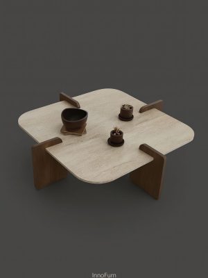 Modern Square Coffee Table – Two-Tone Wood & Stone Finish
