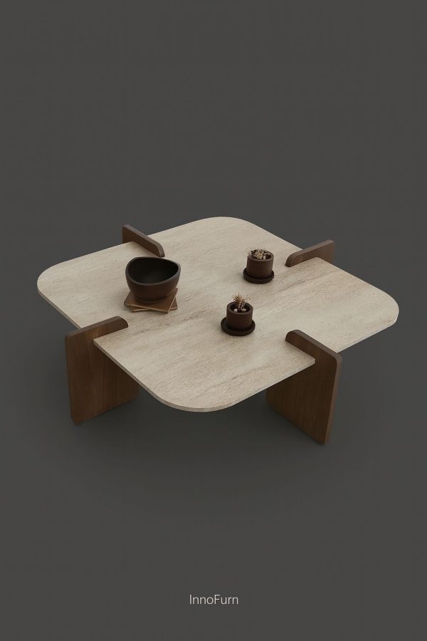 Modern Square Coffee Table – Two-Tone Wood & Stone Finish