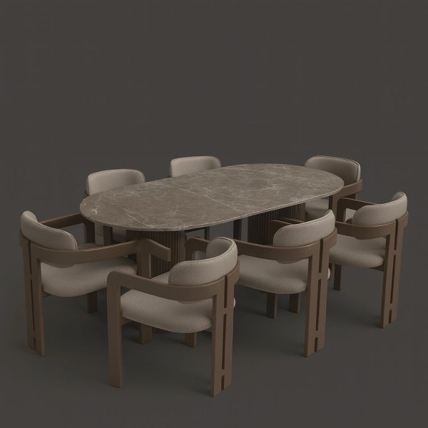 6-Seater Oval Dining Set – Marble Top & Upholstered Chairs