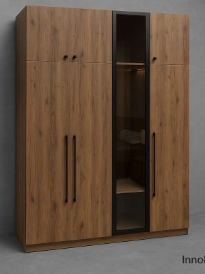 Modern 6-Door Wardrobe – Walnut Finish with Glass Display Panel