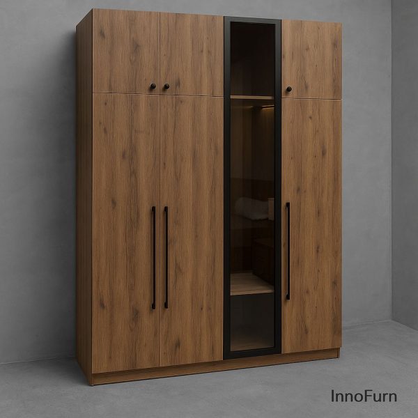 Modern 6-Door Wardrobe – Walnut Finish with Glass Display Panel