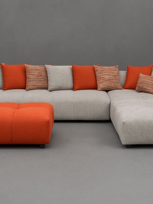 L-Shape Sectional Sofa with Ottoman – Light Grey & Burnt Orange Accents