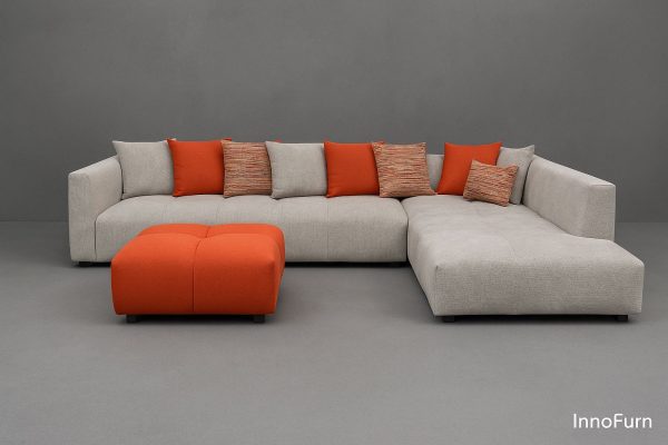 L-Shape Sectional Sofa with Ottoman – Light Grey & Burnt Orange Accents