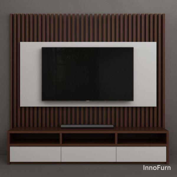 Modern Wall-Mounted TV Unit – Walnut & White Finish
