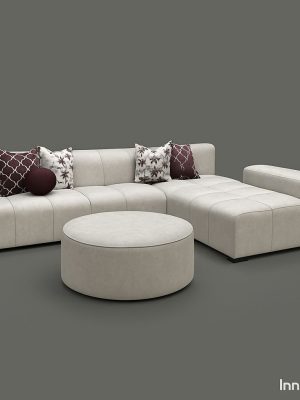 Modern Cream L-Shape Sofa with Round Ottoman